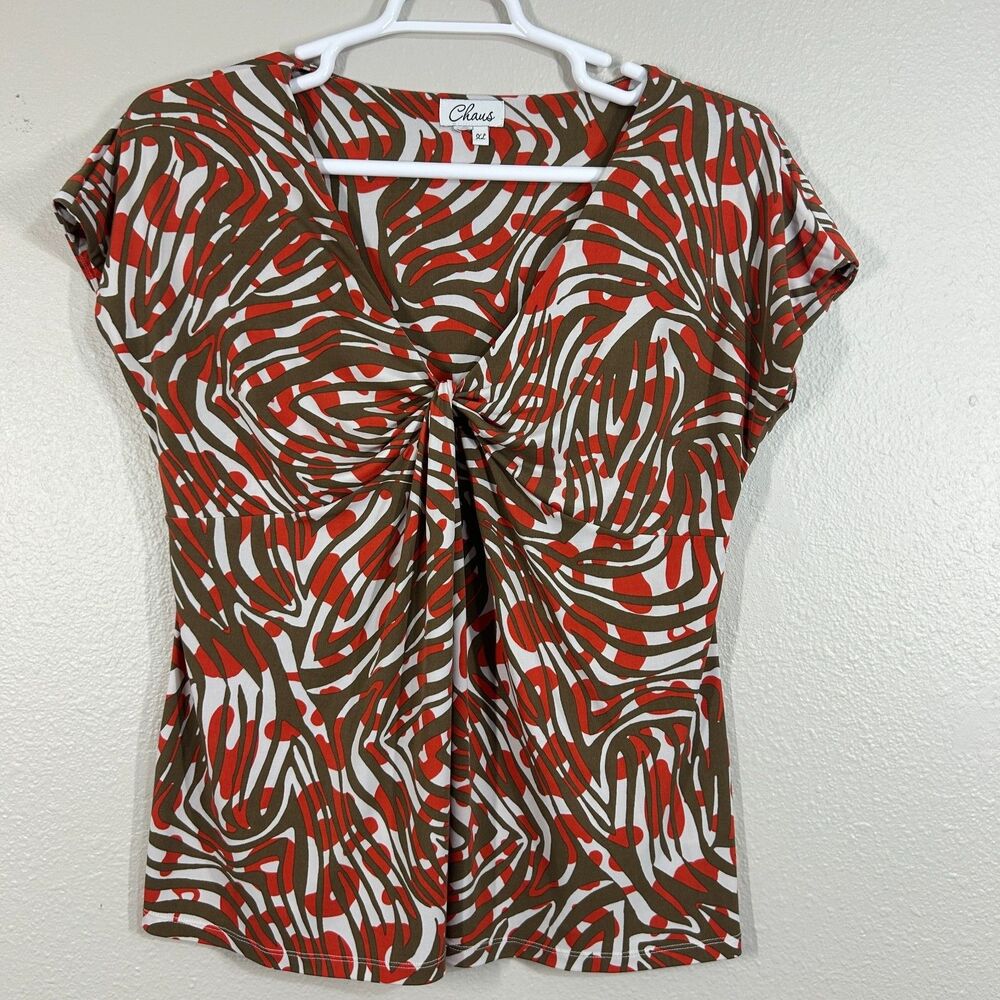 Chaus Top Womens XL Twist Front Short Sleeve Abstract Red Brown Print Knot Bust